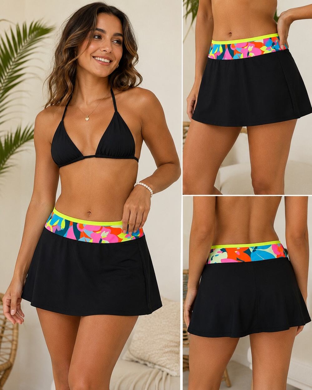 Black Swim Skort Built In Briefs Neon Tropical Floral Waistband Bathing Suit M
